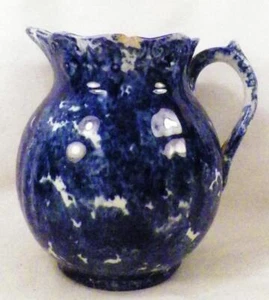 Spongeware Pitcher Jug Cobalt Blue White Country Primitive Antique As Is Cond - Picture 1 of 7