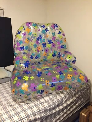 Used Vintage 90s Intex Air Furniture Chair Clear Floral Flower Print #68517 Nice - Image 1 of 4