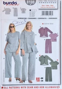 Easy BURDA Pattern 8108 Misses Loose Jacket, Top & Pants: PLUS SIZES 18 - 34 - Picture 1 of 3