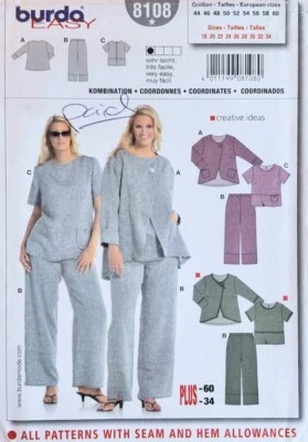 Easy BURDA Pattern 8108 Misses Loose Jacket, Top & Pants: PLUS SIZES 18 - 34 - Image 1 of 3
