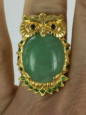 Genuine Jade, Chrome Diopside & Smoky Quartz 925 Silver 18kt Owl Ring Size 9 - Image 1 of 4