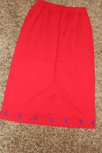The Quacker Factory Long Red Skirt Embroidered Blue Anchors Back Slit Size Large - Picture 1 of 5