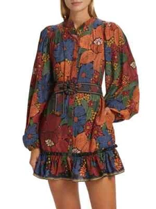 ๐ด NWT Farm Rio Stitched Flowers Belted Floral Mini Dress Long Sleeve L $235 - Picture 1 of 7