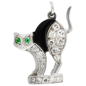 Art Deco Platinum Diamonds Emeralds Black Enamel Fright Cat Pendant Charm - Picture 1 of 5
