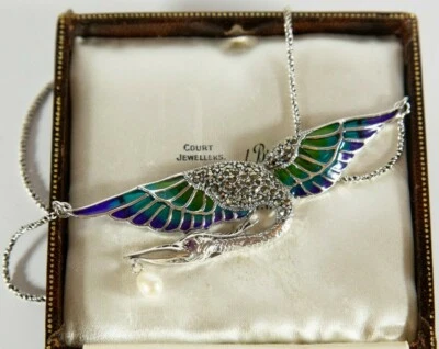 Vintage Plique a Jour Silver Stork Bird Necklace | Pearl Ruby Marcasite - Image 1 of 4