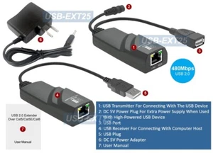 Active Powered USB 2.0 Range Extender Over RJ45 Cat5E Cat6 Cable Max 200FT 60M - Picture 1 of 6
