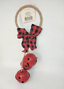 NEW Farmhouse Christmas Door Hanger Doorknob Metal Jingle Bells Bow Jute 12” L - Picture 1 of 4