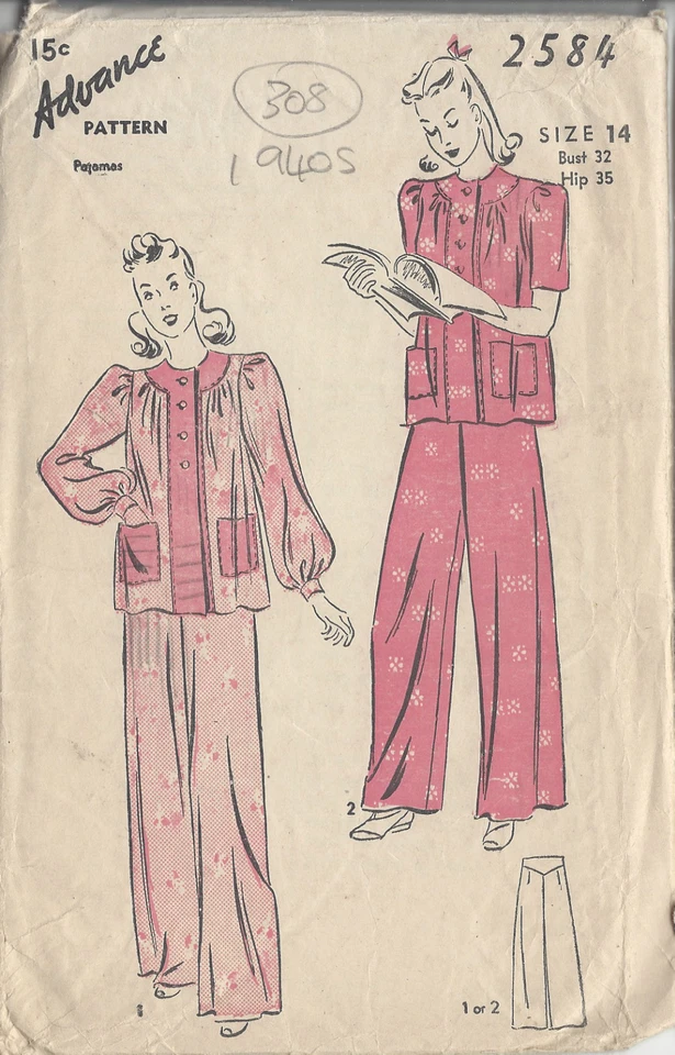 1940s Vintage Sewing Pattern B32" PYJAMAS (R713)  - Image 1 of 1