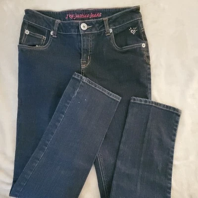 Justice Girl's Size 16 Mid Rise Straight Leg Dark Denim Mono Back Pockets  - Image 1 of 4