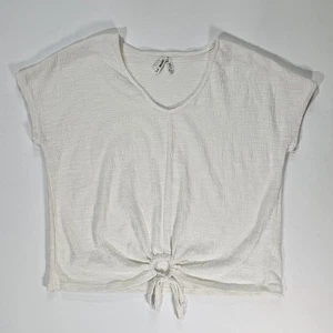 Mudd Cropped Tee Womens Medium Cream Textured Hem Tie Summer Beachy T-shirt Top - Picture 1 of 7