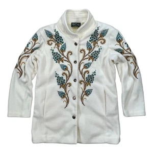 Womens Bob Mackie Wearable Art Embroidered White Fleece Jacket XS Turquoise - Picture 1 of 13