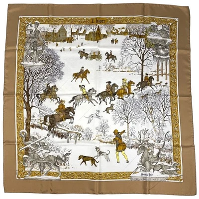 Hermes Carre 90 L'hiver Scarf Silk Beige No Box Used. - Image 1 of 4
