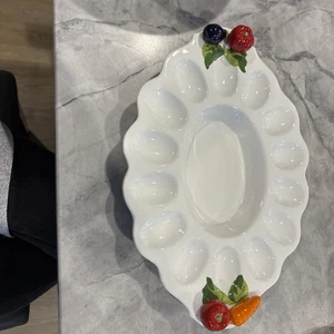 Ceramic Devil Eggs Platter With Veggies Accents Made In Italy - Picture 1 of 4