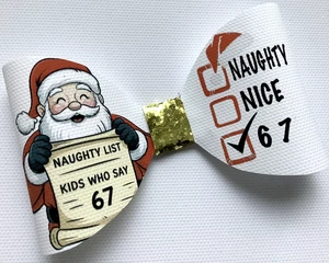 SANTA NAUGHTY LIST 67 WEIHNACHTEN 4" BEDRUCKTE LEINEN STOFFSCHLEIFE SCHLAUFEN EIGENE HAARSCHLEIFEN HERSTELLEN - Bild 1 von 4