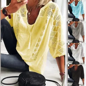 Women's Long Sleeve Cotton Linen Tops Ladies Casual Loose Blouse Tee T Shirt US - Picture 1 of 22
