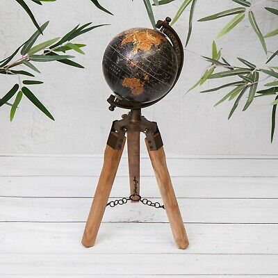 Vintage Rustic Black Brass Metal Rotating World Globe Atlas Decor Wooden Tripod  • 29.95£
