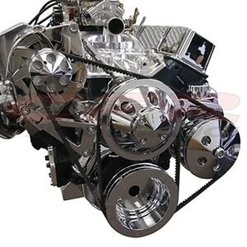 CHEVY SMALL BLOCK COMPLETE PULLEY BRACKET & pump SET long pump Polished finish - Image 1 of 1
