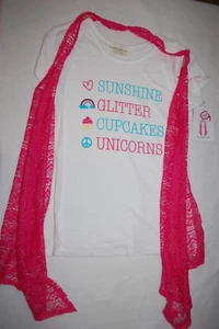 Girls WHITE T-SHIRT w/ PINK CROCHET HALTER VEST Glitter Cupcakes Unicorns M 7-8 - Picture 1 of 2