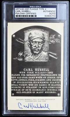 Carl Hubbell Auto Signed Artvue Type 2 Hall of Fame Postcard Died 1988 + PSA/DNA - Image 1 of 2
