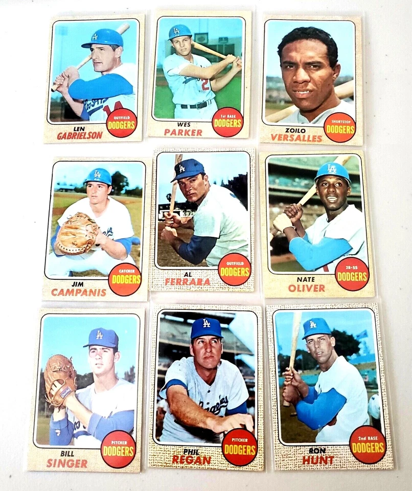 Lot of 9 1968 Topps LA DODGERS vintage baseball Cards BILL SINGER, PHIL REGAN - Image 1 of 4