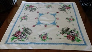 ๐ Vtg Printed Tablecloth Umbrellas Floral Blue Border No Holes No Stains Nice! - Picture 1 of 7