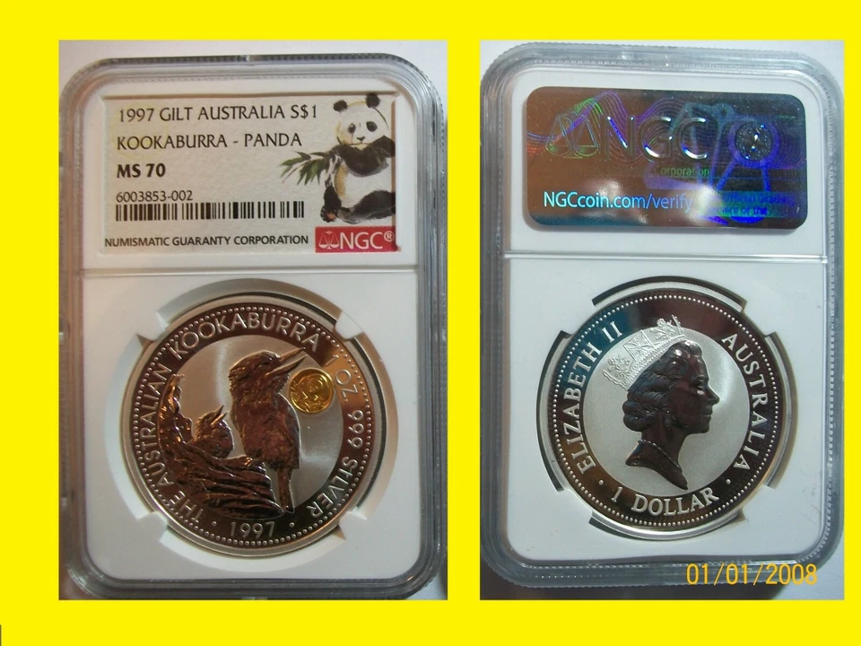 1997 Australia Kookaburra GOLD PANDA privy 1 oz Silver NGC ms 70 Rare POP 21 - Image 1 of 1