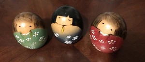 Japanese Kokeshi Wood Egg Doll Kimono Geisha Nippon Usaburo Set of 3 - Picture 1 of 10