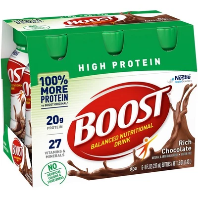 Bebida nutricional equilibrada Nestlé Boost alta en proteínas chocolate botella de 8 oz 24 quilates Foto 1 de 4
