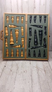 Scacchiera vintage in legno intagliato a mano set pezzi completa grande 6" re - Foto 1 di 7