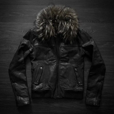Sheepskin Leather Jacket with Fur Collar | Genuine Sheepskin Bomber Jacket coat - Image 1 of 4