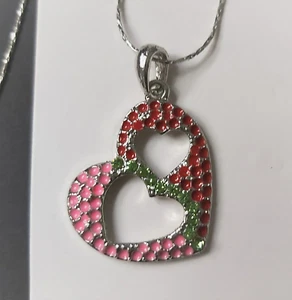 Heart pendant enamel silver colour metal red pink green large necklace chain - Picture 1 of 2