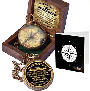 Gift for Grandson Brass Compass with Box Engraved Quote | Memory Present to M... - Picture 1 of 7