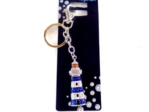 Schlüsselanhänger, maritim, Leuchtturm, Blau/Weiß mit Glitzersteinen - Bild 1 von 2
