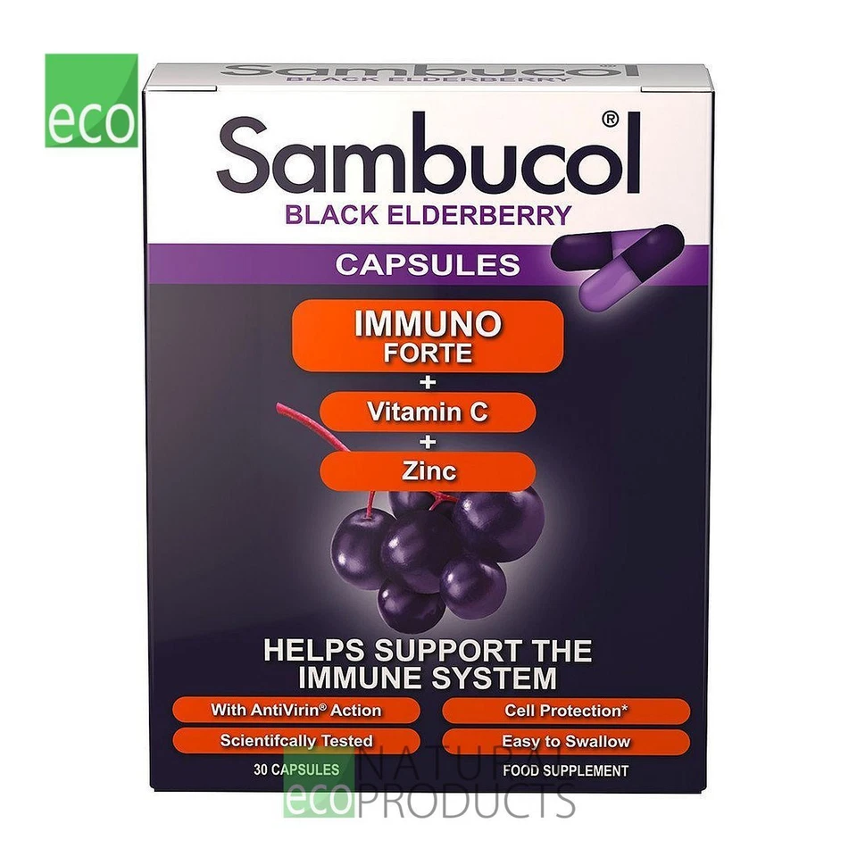 Sambucol Immuno Forte Black Elderberry Vitamin C & Zinc 30 Capsules - Imagem 1 de 2