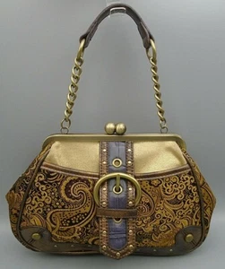 Nine West Gold & Brown Tapestry Faux Embossed Leather Buckle Crossbody Handbag - Picture 1 of 8