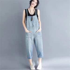Chic Women Jeans Overalls Wide Leg Denim Bib Jumpsuits Pockets Loose Casual Blue - Picture 1 of 15