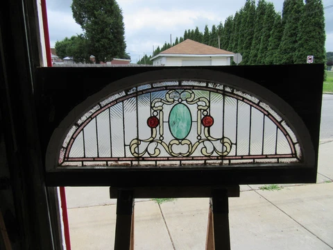 ~ BIG ANTIQUE STAINED GLASS TRANSOM WINDOW ~ 62 x 27 ~ ARCHITECTURAL SALVAGE Cover