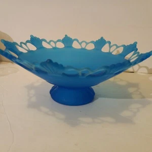 Vintage Pedestal Bowl Blue Frosted Glass by Westmoreland, Mid-Century Ornate Rim - Picture 1 of 12