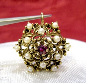 ANTIQUE 14K YELLOW GOLD FILIGREE AMETHYST AND PEARL BROOCH PIN PENDANT VINTAGE! - Picture 1 of 9