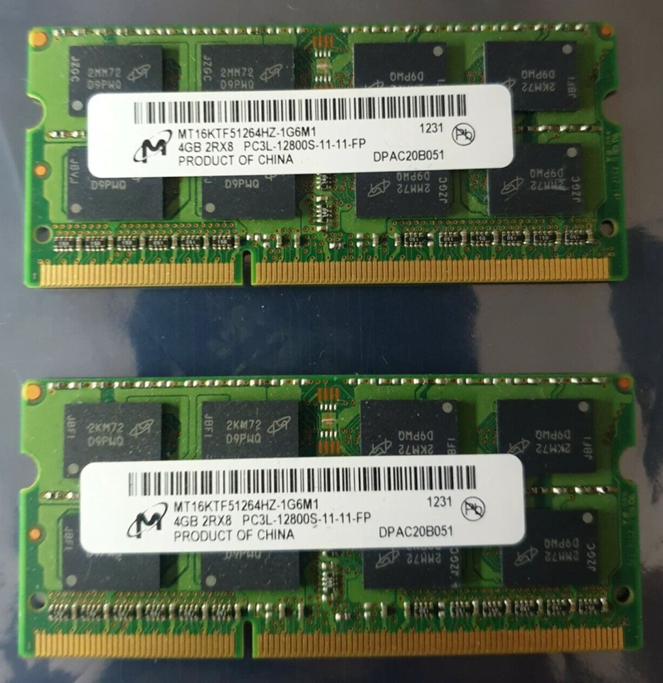 Micron 8GB 2X4GB DDR3 2RX8 1600MHz PC3L-12800S 204pin Laptop Memory RAM  - Image 1 of 1