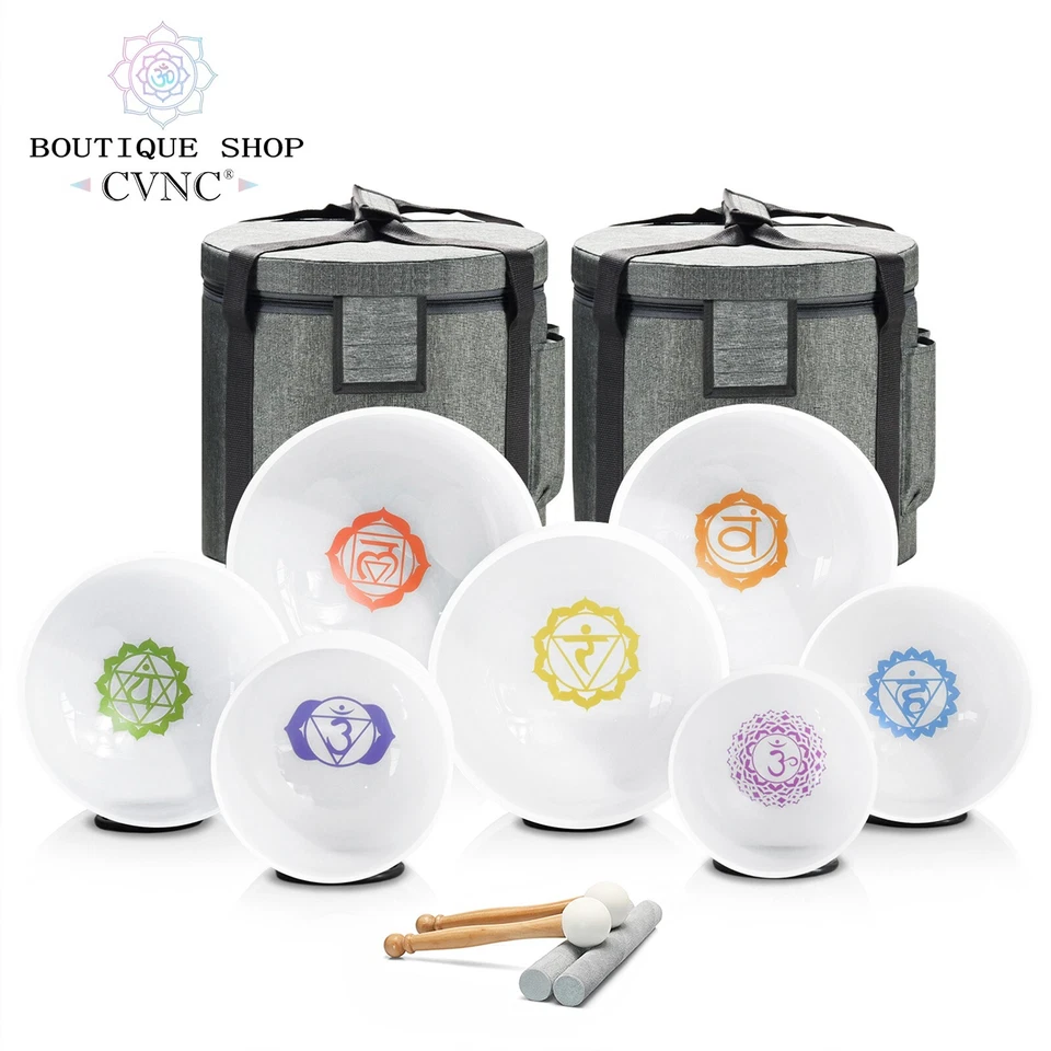 CVNC 432Hz Set Chakra 6-12" 7pcs Crystal Singing Bowl Sound Healing Bath Reiki