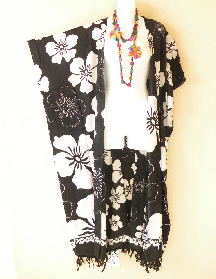 Cardigã CD677 preto branco Batik Batwing espanador Kaftan plus capa jaqueta hippie - Imagem 1 de 1