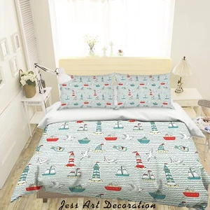 3D Seagulls Boat Lighthouse Wave Quilt Cover Set Duvet Cover Bedding Pillowcases - Picture 1 of 6