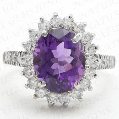 Alianza de bodas de diamantes y amatista natural de corte ovalado de 8,70 quilates enchapada en oro blanco de 18 quilates Foto 1 de 4