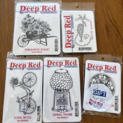 Deep Red LOT of 5 Cling Rubber Stamps Bicycle Gumball Machine Cat Wheelbarrow - Image 1 of 4