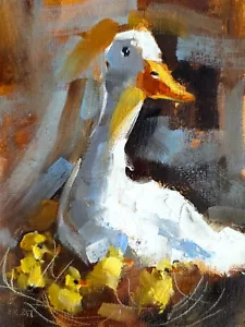 White Goose with Chicks Original Oil Painting 6x8" Farm Bird Wall Art - Picture 1 of 4