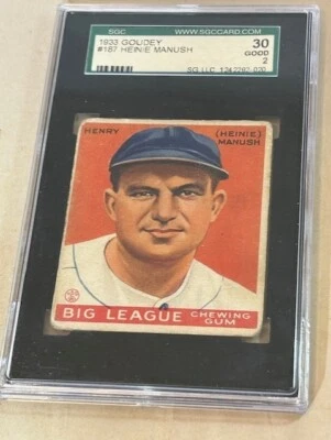 1933 Goudey #187 Henry (Heinie) Manush SGC 30 Bueno 2 Senadores de Washington Foto 1 de 2