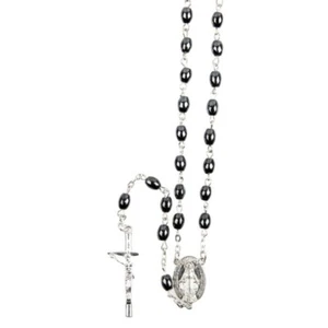CHAPELET HEMATITE GRAINS DE RIZ SUR CHAINE ARGENTEE - Picture 1 of 2