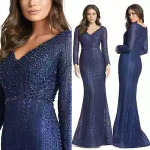 Vestido Trompeta Mac Duggal Azul Medianoche Manga Larga Encaje Adornado Talla 16 - Imagen 1 de 9