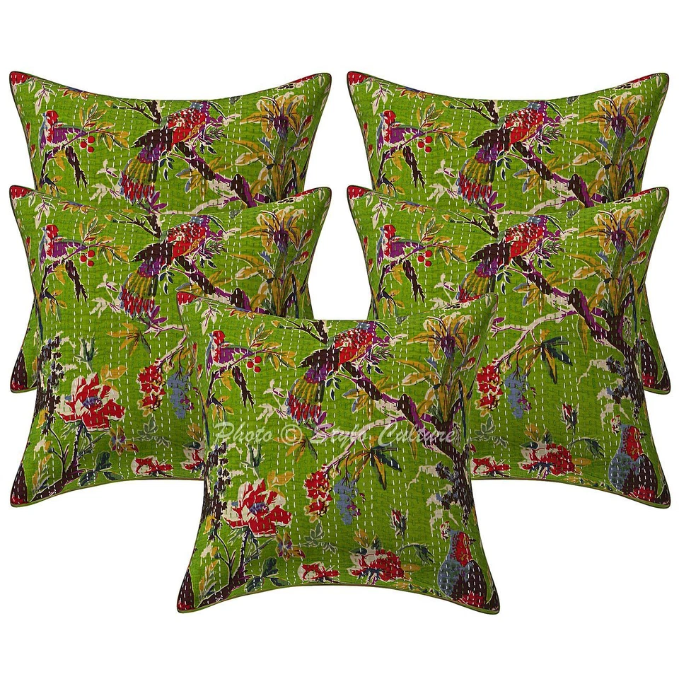 Green 16" Indian Kantha Printed Throw Pillowcases Cotton Bird Cushion Covers - Image 1 of 1